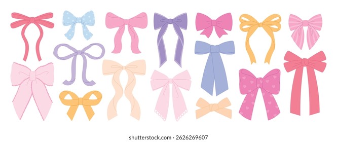 Bows with ribbons. Vibrant different bow, isolated decorations for birthday presents, gift packaging, bags, clothes, party decor. Racy vector clipart