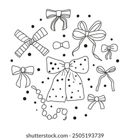 Bows round emblem. Decorative band for present circular composition. Vector hand drawn collection illustration isolated on white background.