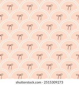 Bows scallop seamless pattern. Bowknot arch repeat background. Beauty retro endless design. Vector hand drawn illustration.