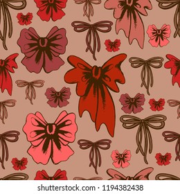 Bows seamless hand drawn pattern. Beautiful girly composition with bows in vintage colors. Perfectly for wrapping paper, bed linen, textile, fabric, cover, wallpaper, fashion, kids clothing.