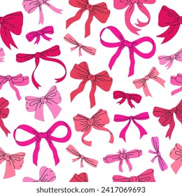 Bows seamless pattern. Birthday gifts red ribbon decoration print, hand drawn silk bow-knot for holidays present boxes flat vector background illustration. Cartoon bows pattern