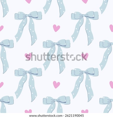 Bows seamless pattern. Cute romantic polka dot bows and hearts ornament. Vintage ribbon print for party decoration, gift wrapping, textile. Hand drawn flat design vector illustration.
