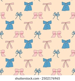 Bows seamless pattern. Decorative band endless background. Coquet gift and present beauty accessories repeat cover. Bowknot continuous ornament. Vector hand drawn doodle illustration.