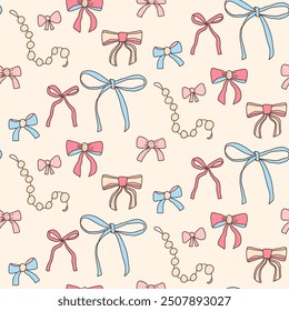 Bows seamless pattern. Decorative fashion band endless background. Coquet gift and present beauty accessories repeat cover. Bowknot continuous ornament. Vector hand drawn flat illustration.