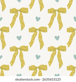 Bows seamless pattern. Elegant accessories for party decoration, gift wrapping, textile. Cute romantic polka dot bows and hearts print. Hand drawn flat design vector illustration.
