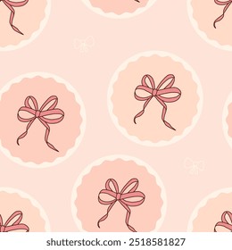 Bows seamless pattern. Pink holiday band circular emblem repeat background. Bowknots retro round endless design. Vector illustration.