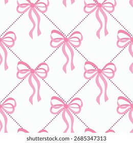 Сoquette bows. Seamless Pattern of Pink Bows on White