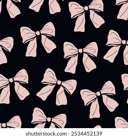Bows seamless pattern. Pink ribbon bows on black background.  