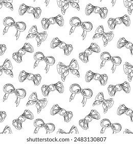 Bogen nahtloses Muster im Skizzenstil. Umrissbogen, Schleifen, Geschenkbänder. Trendiges Haarflechtzubehör. Line Art handgezeichnete Vektorgrafik Bowtie Illustration. Schwarz und Weiß. Design drucken. 