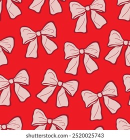 Bows seamless pattern.Pink Ribbon bows on red background.  Birthday, Christmas, and Valentine's Day decoration. Gift wrapping. 