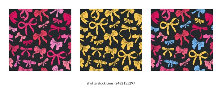 Bows seamless patterns. Colorful bows endless design, hand drawn Birthday or Xmas gifts ribbon decoration flat vector background illustration set. Silk bow-knot backdrops