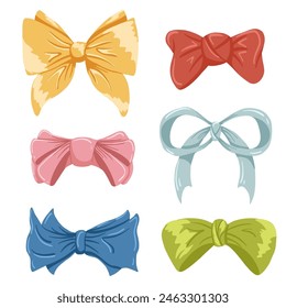 Bows set of 6 illustrations. Retro coquette bows, bow-knots, gift ribbons. Trendy hair braiding accessory. Cartoon hand drawn vector bowties. White background. Cute isolated elements for print design.