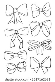bows set. design elements in the form of various bows. holidays, decorations, hairpins. sticker pack vector illustration.