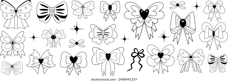 Bows set. Hand drawn y2k style bow with heart. Collection of emo gothic ribbons with hearts. Vector illustration.