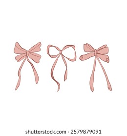 Bows set in hand line art drawing in sketchy style. Hand holding decorative ribbon bow in creamy colors. Black linear design hand drawn vector illustration