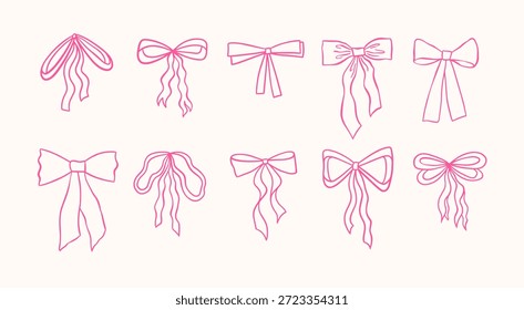 Dibujo de línea de conjunto de arcos. Colección de arco caprichoso, ilustraciones dibujadas a mano, arcos rosados de contorno vintage