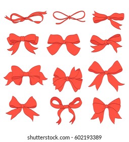 Bows set on white background. Red color with contour lines hand drawn vector Illustration 