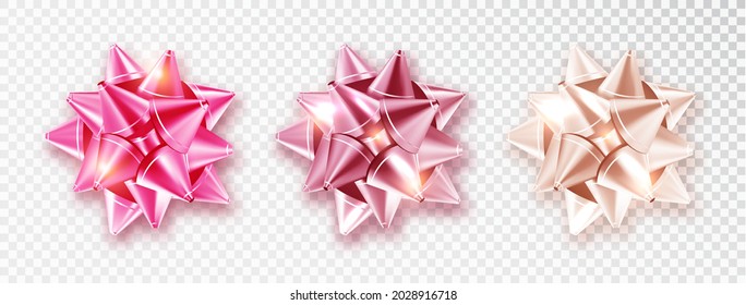Bows set shades of pink color for Valentine's day design isolated background a transparent background. Realistic decoration. Vector illustration.