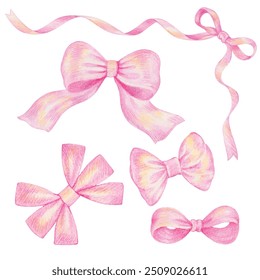 bows set vector isolated on white background. Hand draw with color pencil.