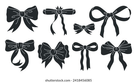 Bows silhouettes. Hand drawn black silk bow for holidays present boxes, Birthday gifts ribbon decoration flat vector illustration set. Bows silhouette collection