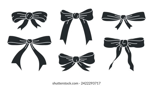 Bows silhouettes. Hand drawn black silk bows for holidays gift boxes, monochrome bows flat vector illustration set. Birthday gifts ribbon decorations on white