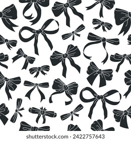 Bows silhouettes pattern. Hand drawn silk bow-knot seamless design, Birthday gifts boxes ribbon decoration flat vector background illustration. Monochrome bows pattern