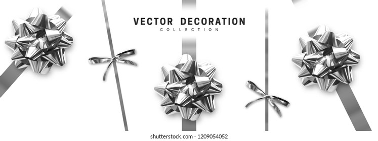 Bows silver realistic design. Decorative gift bows with ribbons isolated on white background