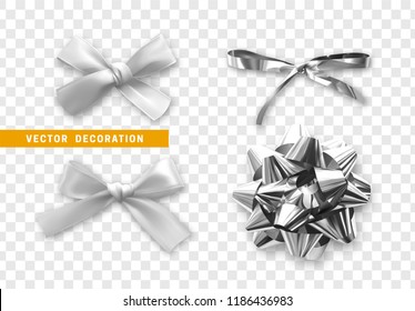 Bows silver realistic design. Isolated gift bows with ribbons with shadow. vector illustration