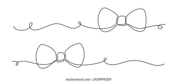 Bows single line art vector drawings. Abstract minimal one line divider or border illustration isolated on white background.