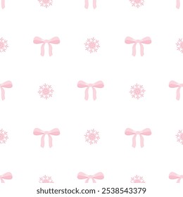 Bows, snowflakes. Vector seamless pattern on a white background in flat style in pastel colors. Cute illustration for web design, textiles, wrapping paper for Christmas