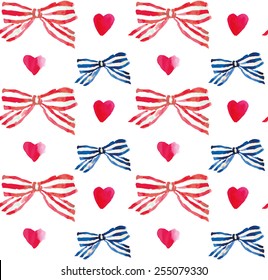 Bows of striped ribbon and hearts on the white background. Watercolor seamless pattern.