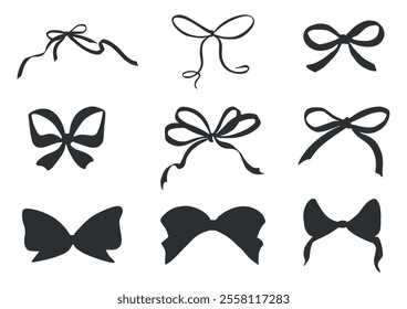 Bows tied with silk ribbons. Festive set of tapes. Vector graphic illustration. Silhouette icon. Holiday decorations for clothing. Isolated cliparts for card, coquette, gifts, girls decor, Valentines.