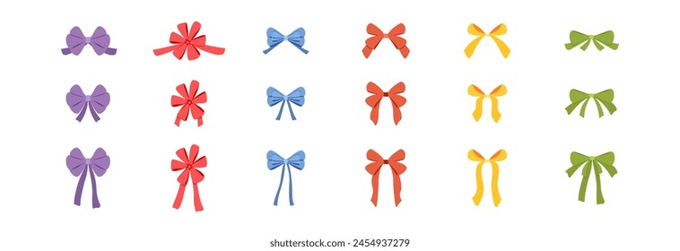Bows of various complexity, for decorating a gift or decoration for a holiday. A set of colorful bows.