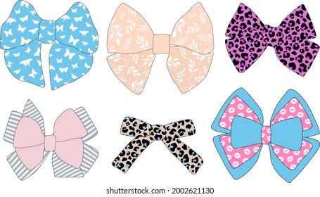 Bows vector illustration. Ribbons bow leopard spots lips flowers stripe butterflies