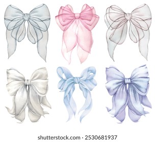 Bows aquarela ilustração cores pastel rosa claro. Convite de casamento, decoração de festa, cartão de saudação. Símbolo de nó. Ilustração desenhada à mão. Gravata velha, gravata. Moda, simples, arco de gravata de moda