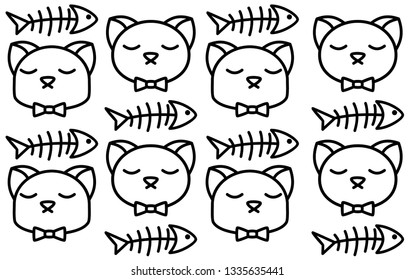 bowtie cat head and fishbone seamless pattern