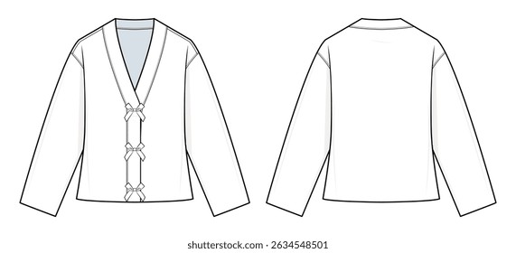 Bow-Tie Front Cardigan Technical Fashion Illustration. Long-Sleeve Cardigan Vector Template. V-Neckline. Relaxed Fit. Women’s Outerwear. CAD Mockup Set.