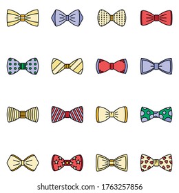 Bowtie icon set. Outline set of bowtie vector icons thin line color flat isolated on white