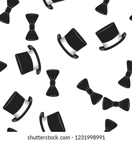 Bowtie seamless pattern for your project design in gentlemen themes, objects, invitation, gifts, hats. Seamless pattern with black bow tie and hats on the white background . Vector illustration