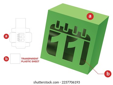 Box with 11th day window die cut template and 3D mockup