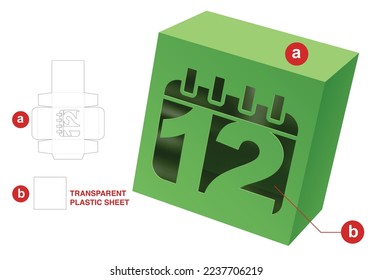 Box with 12th day window die cut template and 3D mockup
