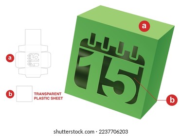 Box with 15th day window die cut template and 3D mockup