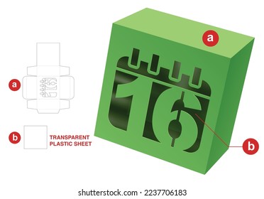 Box with 16th day window die cut template and 3D mockup