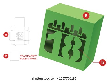 Box with 18th day window die cut template and 3D mockup