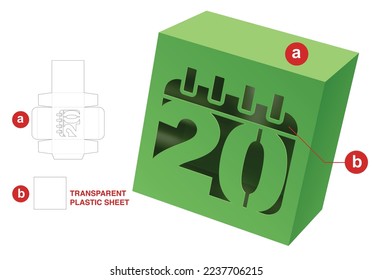 Box with 20th day window die cut template and 3D mockup