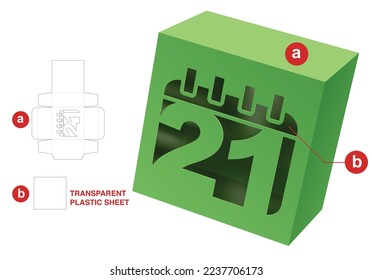 Box with 21st day window die cut template and 3D mockup