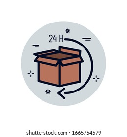 Box and 24 hours arrow fill block style icon design, Delivery logistics transportation shipping service warehouse industry and global theme Vector illustration