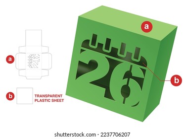 Box with 26th day window die cut template and 3D mockup