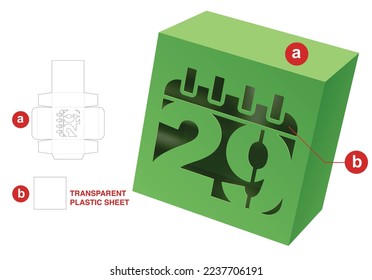Box with 29th day window die cut template and 3D mockup
