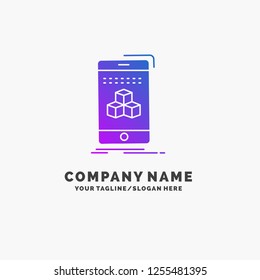 box, 3d, cube, smartphone, product Purple Business Logo Template. Place for Tagline.